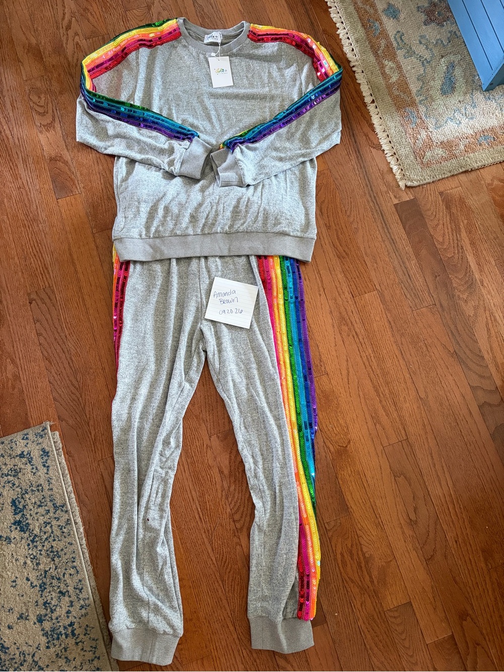 Lola + The Boys Gray Sweatpants with Rainbow Sequin Side Stripes